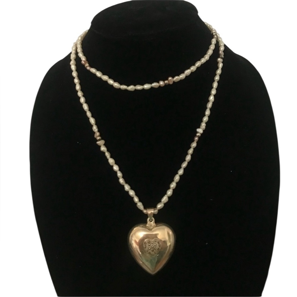 36” Fresh Water Pearl Silver and Marquesite Heart
